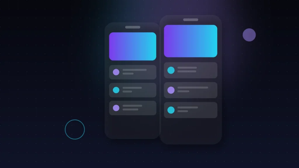 Dos teléfonos con listas y cabeceras de color, desarrollo de apps para iOS y Android