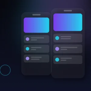 Dos teléfonos con listas y cabeceras de color, desarrollo de apps para iOS y Android