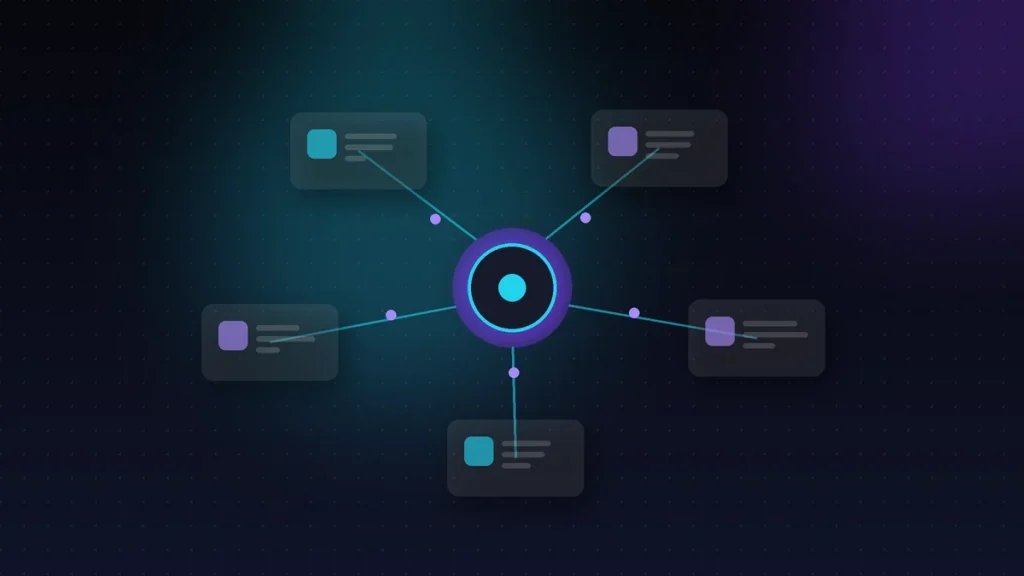 Cinco herramientas conectadas a un nodo central por líneas finas, servicio de integraciones entre sistemas