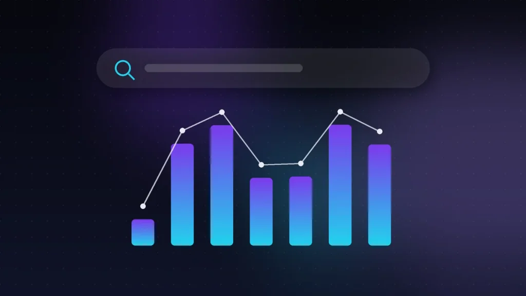 Barra de búsqueda sobre un gráfico de barras y una línea de tendencia, servicio SEO medido con datos