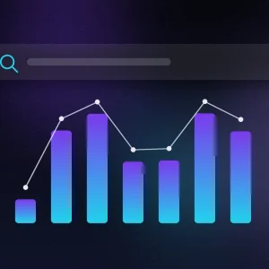 Barra de búsqueda sobre un gráfico de barras y una línea de tendencia, servicio SEO medido con datos