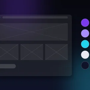 Boceto en gris de una página con paleta de cinco colores al lado, wireframes y diseño web
